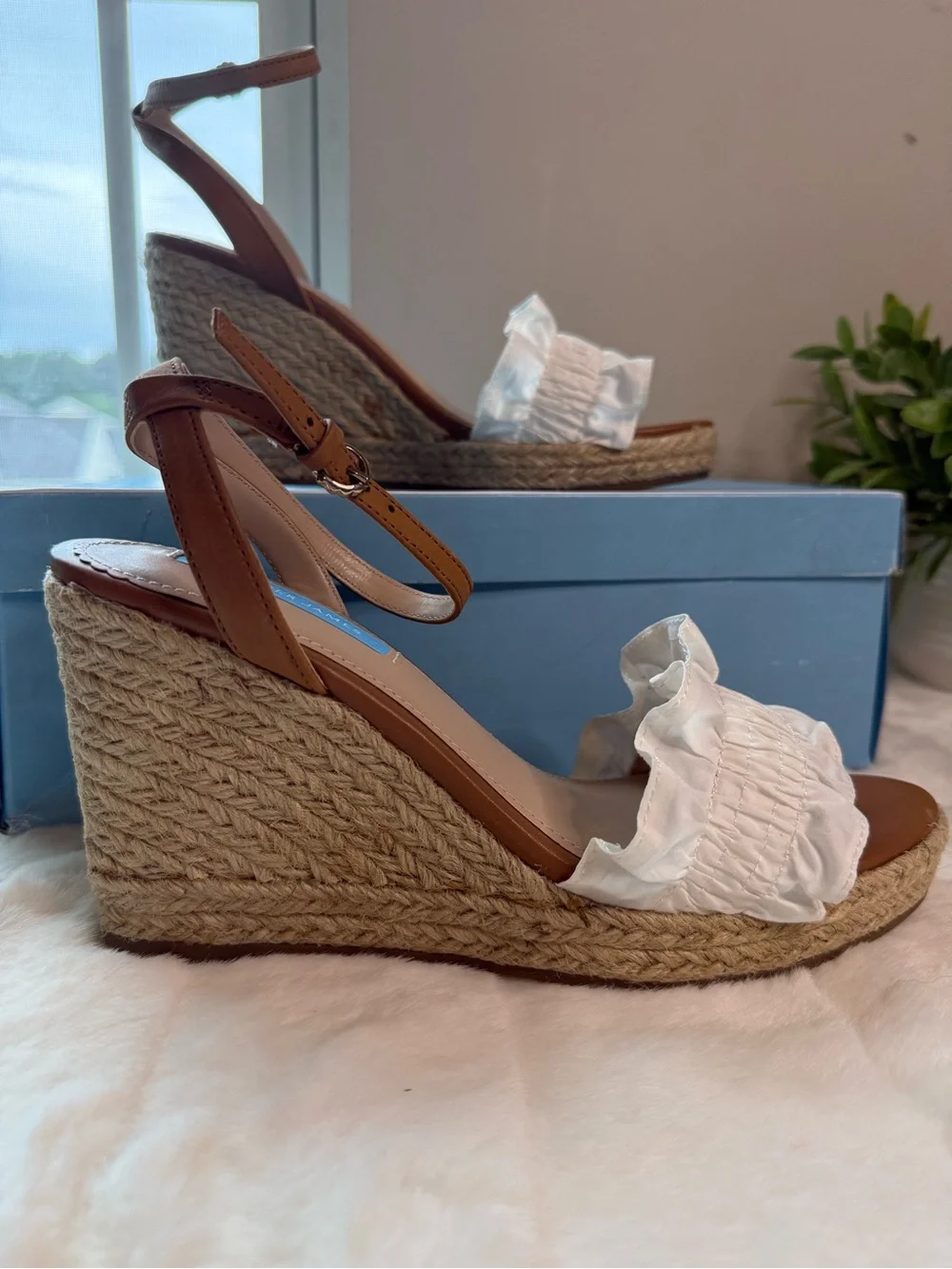 NWT - Draper James White Ruffle Espadrille Wedges with Tan Straps - Sizes 8, 7.5
